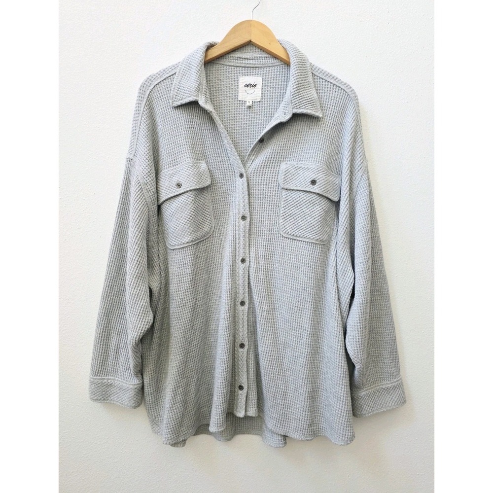 Aerie Oversized Waffle Knit Button Down Shirt Size XL Gray Cotton Blend Shacket